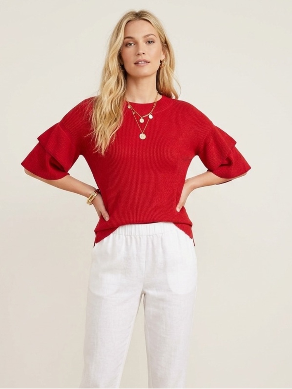 Cupio Red Ruffle Sleeve Sweater